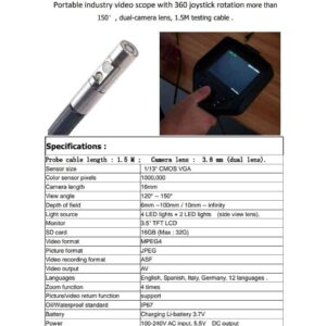 3.9mm Dual Camera Portable industry video scope with 360  joystick rotation more than 150°, dual camera lens, 1.5M testing cable